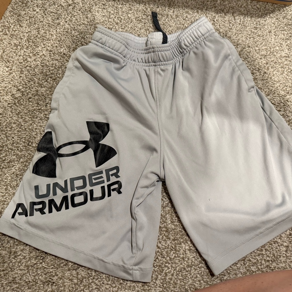 2 pair Under Armour Boys Athletic Shorts in Light Gray and blue